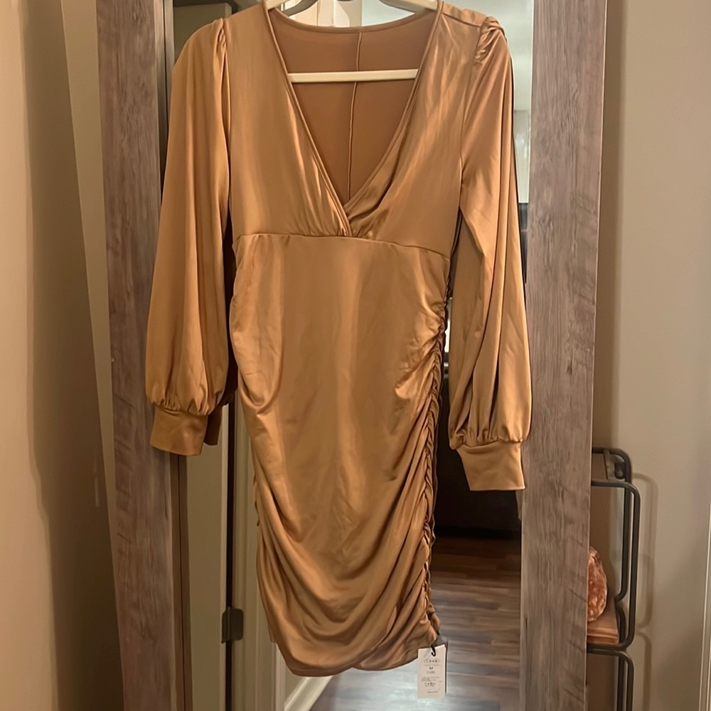 Tan/camel deep plunge long sleeve dress
